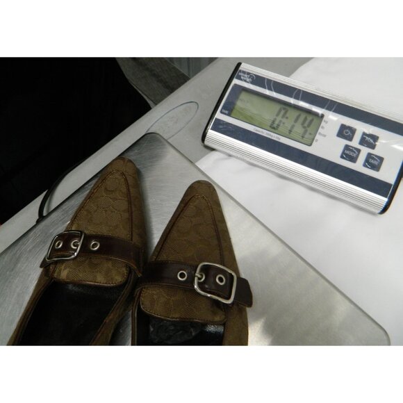 Coach Brown Monogram Buckle Loafers Pointed Toe Heel 7.5B Womens Leather Canvas - Picture 12 of 12